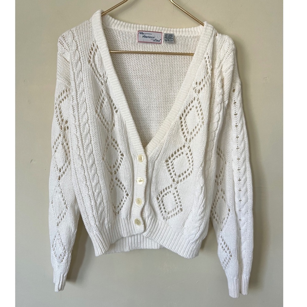 The American Line White Pointelle Cable Knit Cardigan Sweater Cottagecore S